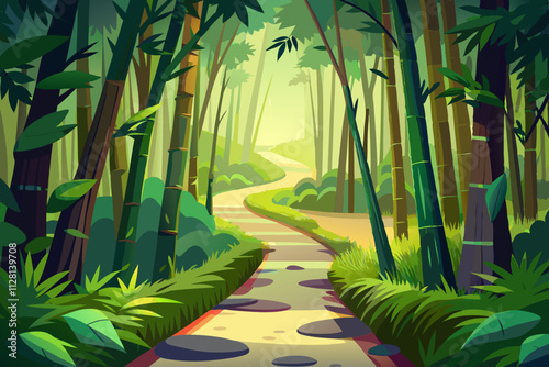 Pathway through a dense bamboo forest  isolated vector illustration