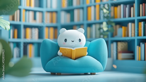 Cute Character Reading a Book in a Cozy Library Dynamic Pose Bright Environment Playful Concept