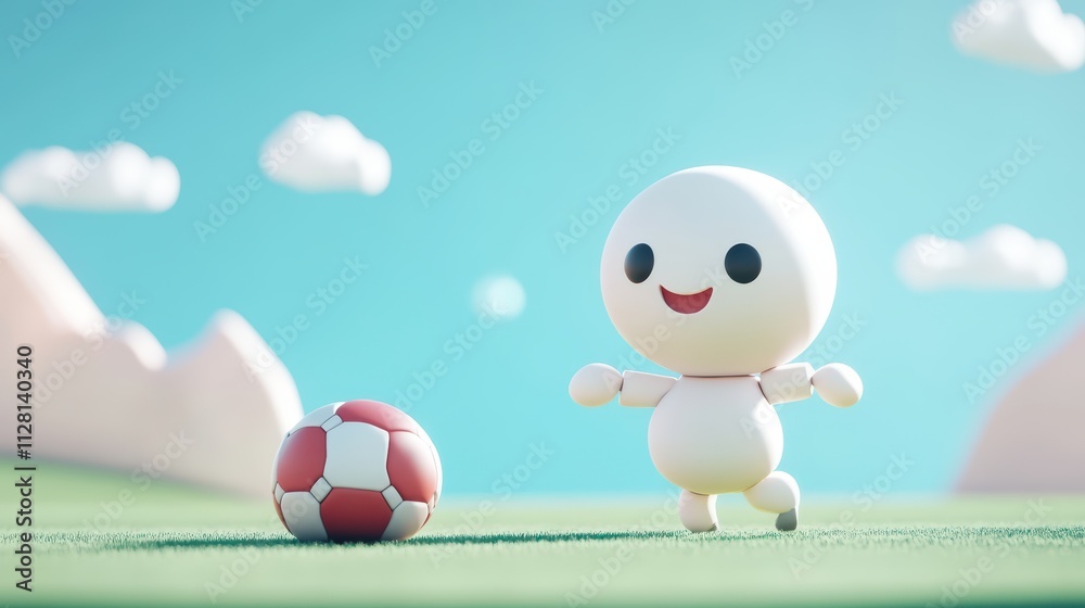 Fototapeta premium Dynamic Cute Character Playing Football in a Whimsical Landscape Animation Cheerful Atmosphere Playful Concept