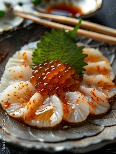 Traditional Japanese surf clam sashimi, Hokkigai sushi on ceramic plate, close up photo with dark background photo