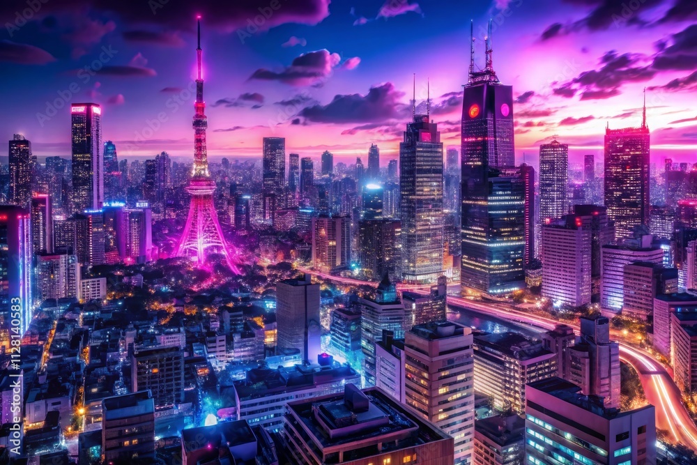 custom made wallpaper toronto digitalneonsoaked tokyo nightscape mangainspired cityscape with towering skyscrapers vibrant purple and magenta hues bustling streets pulsing with electric energy