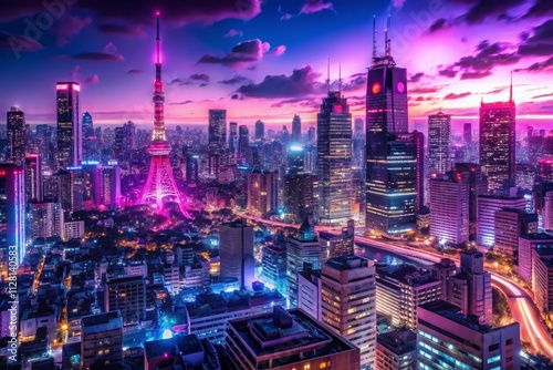 Wallpaper Mural neonsoaked tokyo nightscape mangainspired cityscape with towering skyscrapers vibrant purple and magenta hues bustling streets pulsing with electric energy Torontodigital.ca