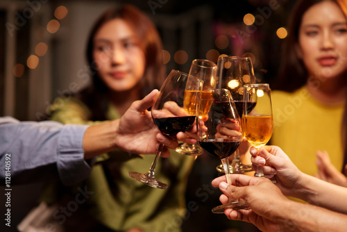 Throw a party Celebrate whiskey at a friendly party in a restaurant. Night.
