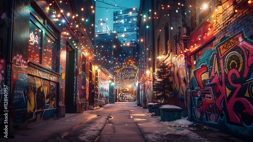 A quiet city alley with colorful graffiti on the walls, illuminated by the soft glow of string lights