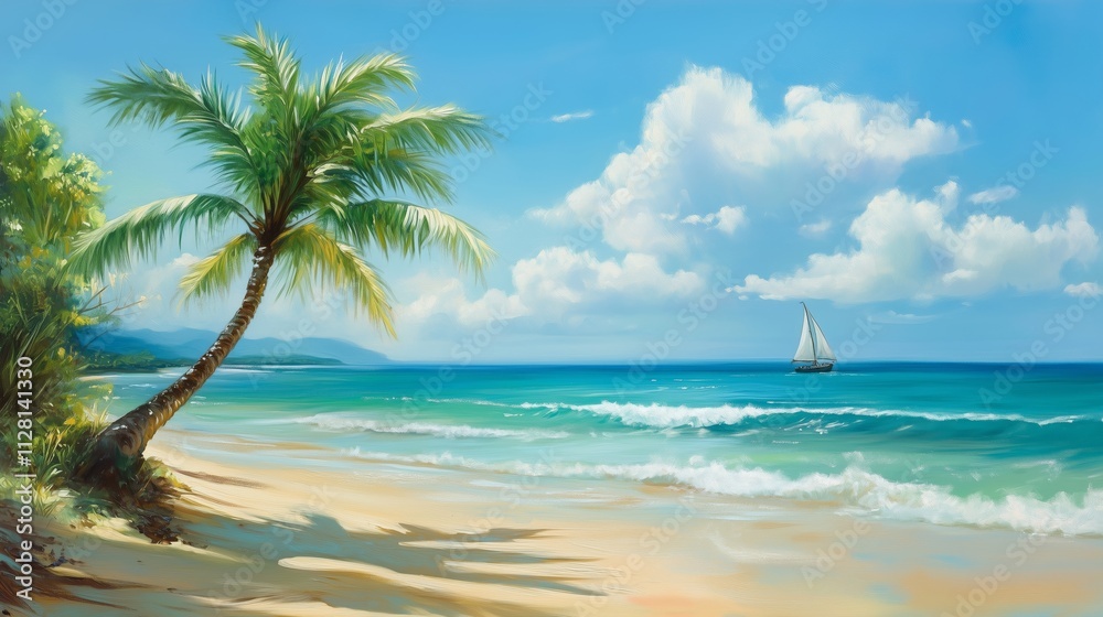 A tropical paradise with swaying palms, golden sand, and a sparkling turquoise sea invites relaxation.