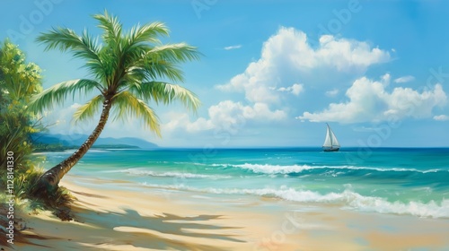 Obraz na płótnie A tropical paradise with swaying palms, golden sand, and a sparkling turquoise sea invites relaxation. w salonie