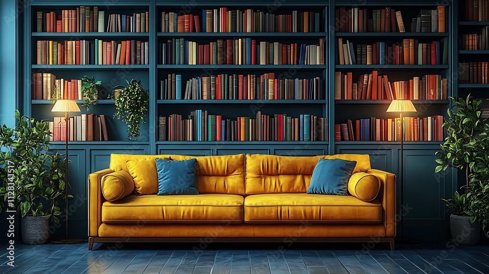 Yellow Sofa in a Library with Dark Blue Bookcases Yellow Sofa in a Library with Dark Blue Bookcases