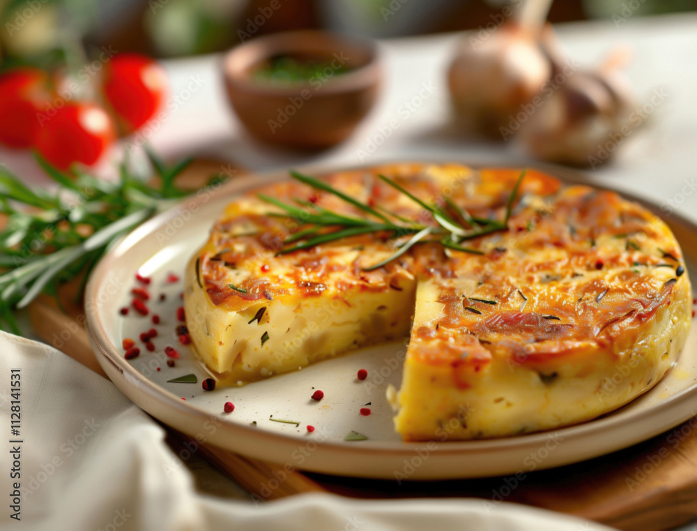Traditional Spanish Tortilla Espanola garnished with herbs in rustic setting