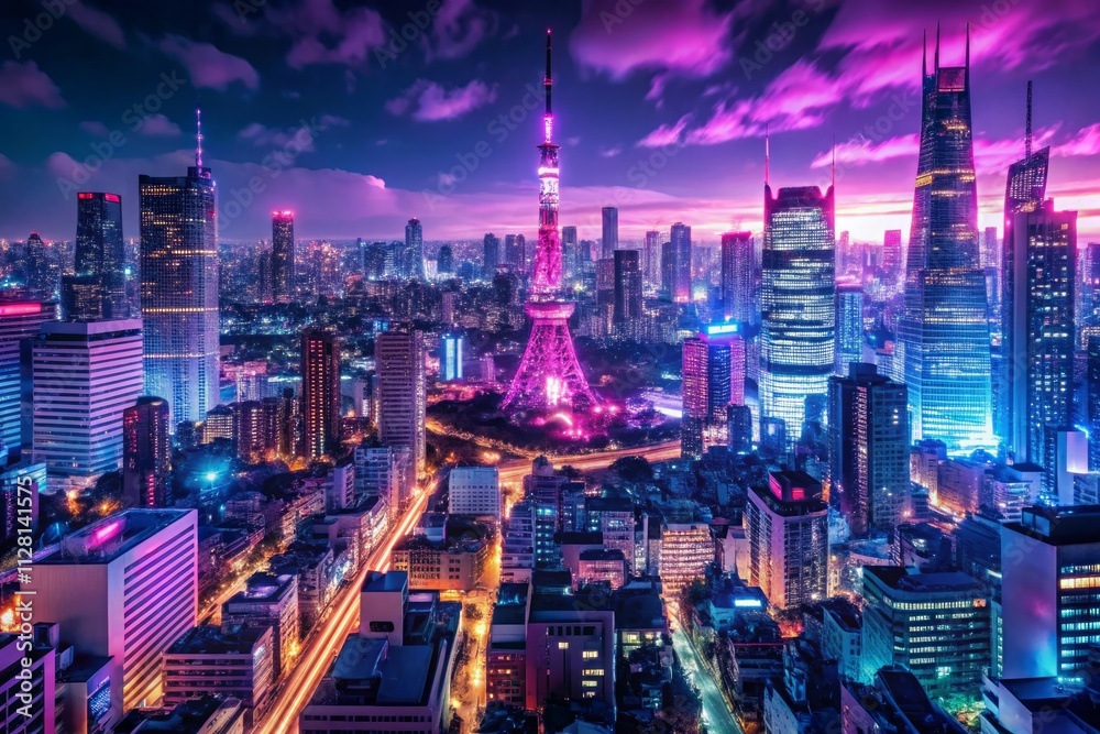 Obraz premium neonsoaked tokyo nightscape mangainspired cityscape with towering skyscrapers vibrant purple and magenta hues bustling streets pulsing with electric energy
