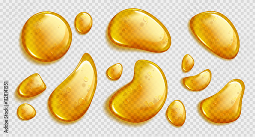 Oil or honey drops set isolated on transparent background. Vector realistic illustration of abstract yellow liquid droplets with air bubbles, serum for skin or hair care cosmetics, food product sample