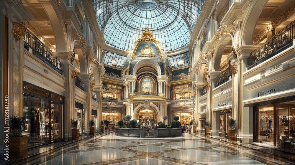 Obraz premium A sophisticated luxury shopping mall interior, featuring a grand glass dome ceiling, lush interior design, and upscale retail spaces for a high-class experience