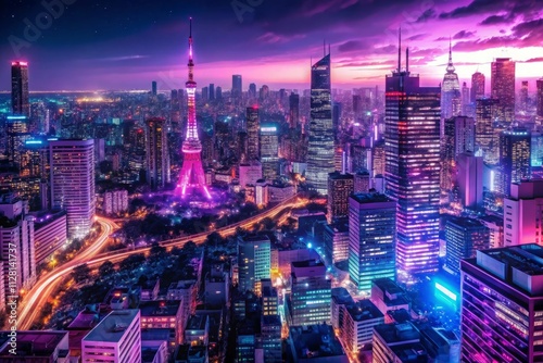 neonsoaked tokyo nightscape mangainspired cityscape with towering skyscrapers vibrant purple and magenta hues bustling streets pulsing with electric energy