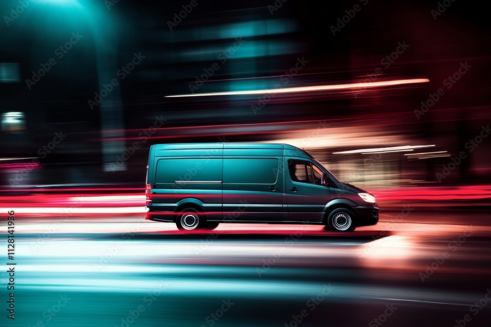 Blue van driving city street night is motion A delivery with glowing lights Blue van driving city street night is motion A delivery with glowing lights
