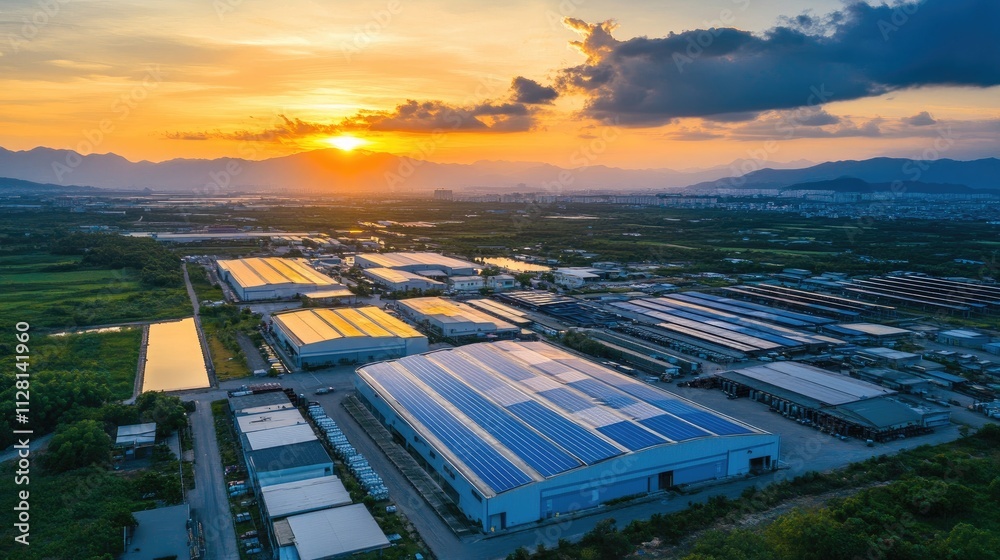 A sprawling warehouse complex with solar panels, reflecting the vibrant colors of a picturesque sunset, nestled in a green industrial zone A sprawling warehouse complex with solar panels, reflecting the vibrant colors of a picturesque sunset, nestled in a green industrial zone