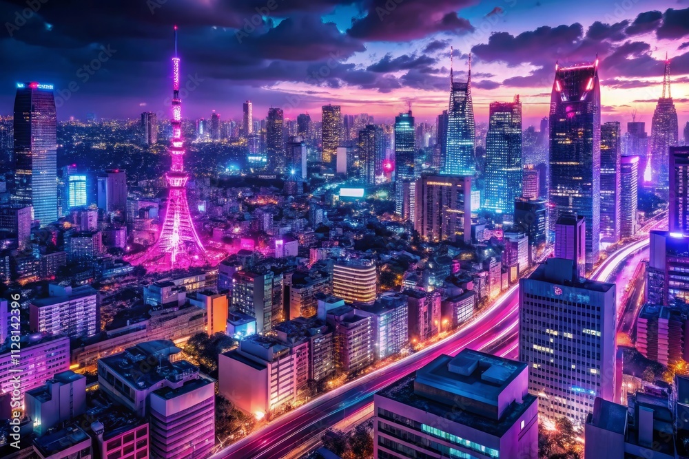 Obraz premium neonsoaked tokyo nightscape mangainspired cityscape with towering skyscrapers vibrant purple and magenta hues bustling streets pulsing with electric energy