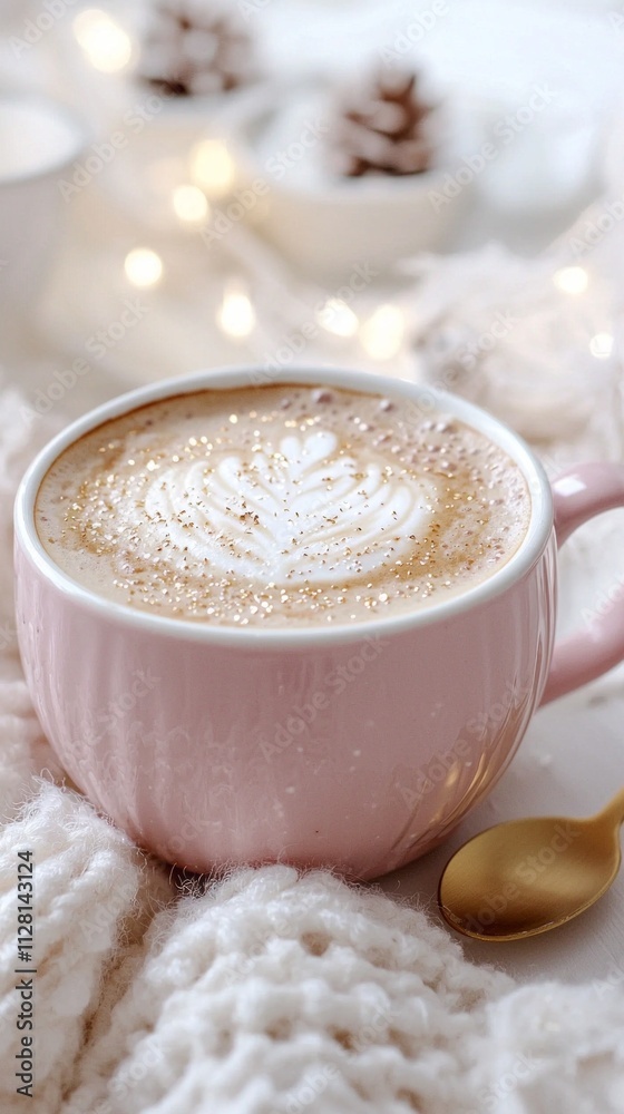 A beautifully crafted cappuccino featuring stunning latte art sits in an elegant pink cup atop a soft, fuzzy blanket. Warm golden hues and festive lights create a cozy ambiance A beautifully crafted cappuccino featuring stunning latte art sits in an elegant pink cup atop a soft, fuzzy blanket. Warm golden hues and festive lights create a cozy ambiance
