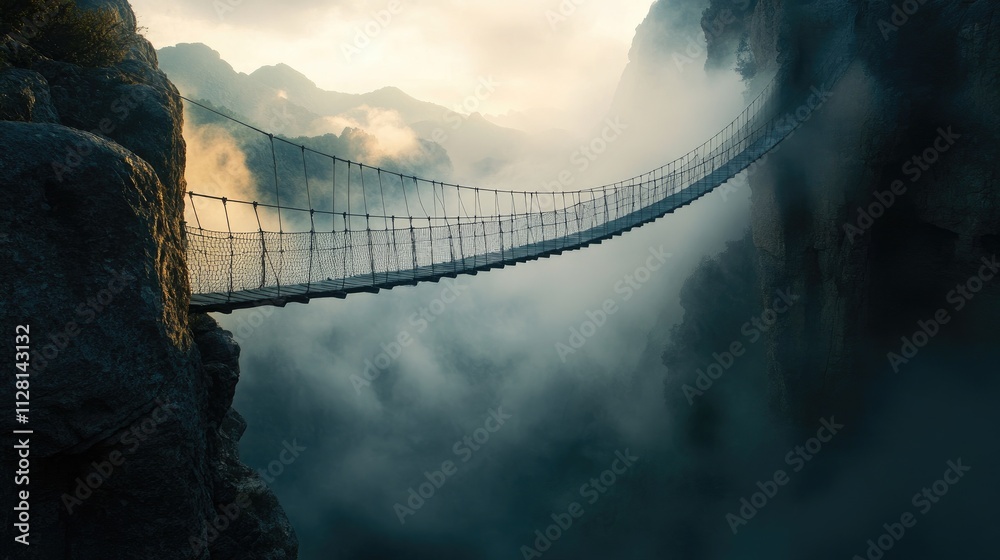 Fototapeta premium A thrilling narrow rope bridge stretches over a deep canyon, shrouded in mist, beckoning adventurers to cross at dawn's first light