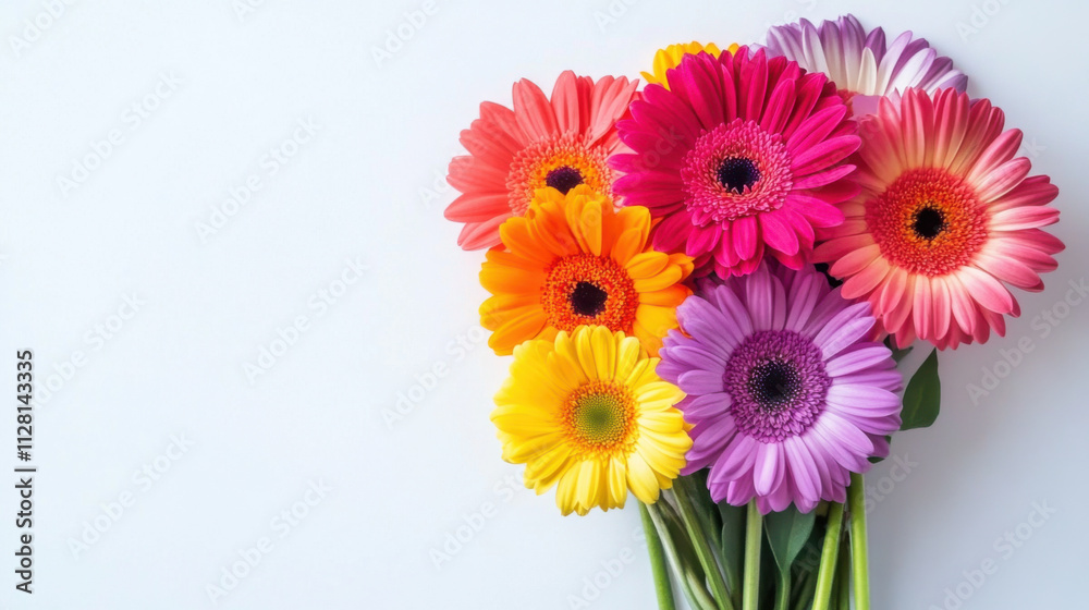 Bright and Cheerful Bouquet of Colorful Gerbera Daisies in Various Shades of Pink, Yellow, Orange, and Purple on a Light Background for a Vibrant Floral Display Bright and Cheerful Bouquet of Colorful Gerbera Daisies in Various Shades of Pink, Yellow, Orange, and Purple on a Light Background for a Vibrant Floral Display