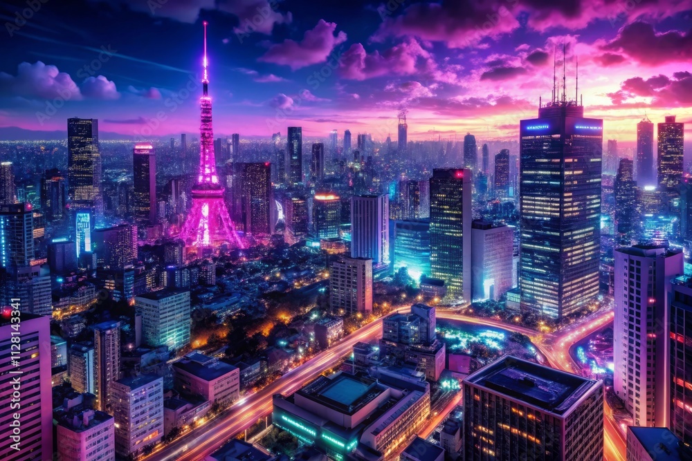 Fototapeta premium A captivating anime and manga-inspired illustration of Tokyo city at night, showcasing vivid magenta and purple hues with a neon aesthetic, highlighting urban beauty and bustling city views