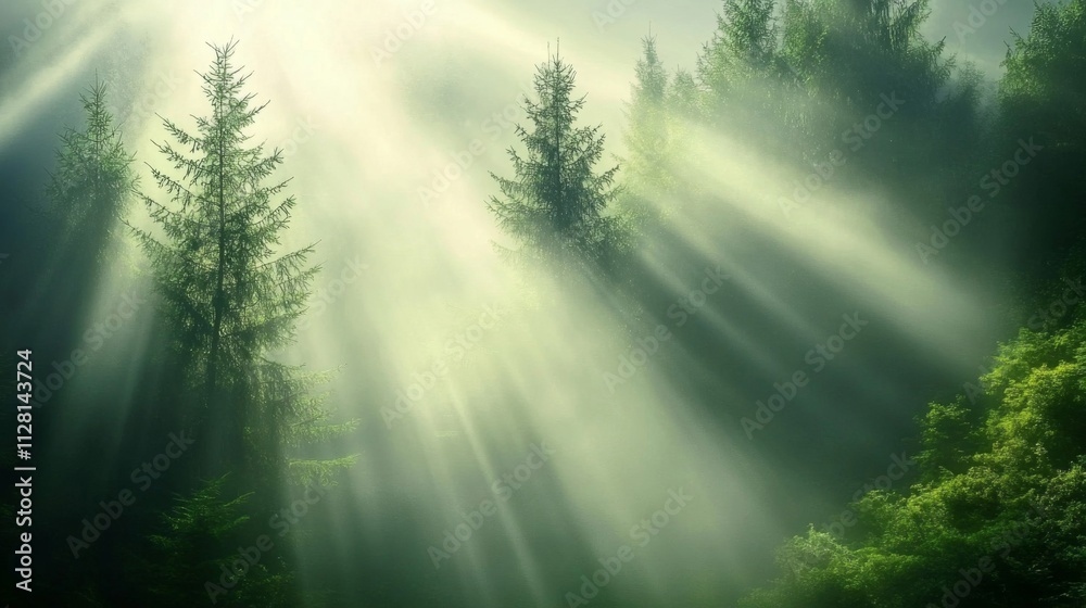 Sunbeams Illuminate Misty Forest Trees Sunbeams Illuminate Misty Forest Trees