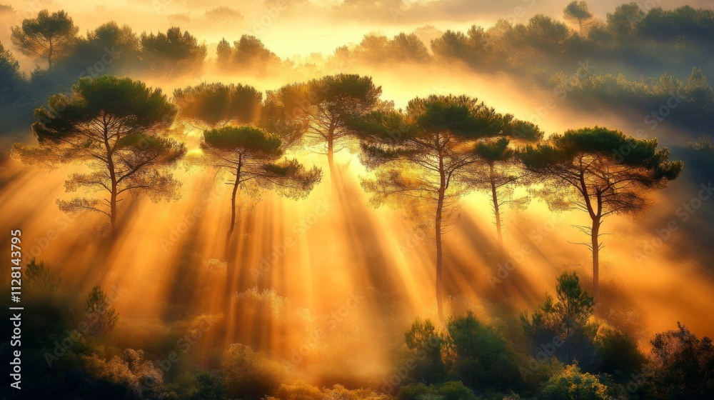 Golden Sunrise Rays Illuminating Majestic Pine Trees Golden Sunrise Rays Illuminating Majestic Pine Trees