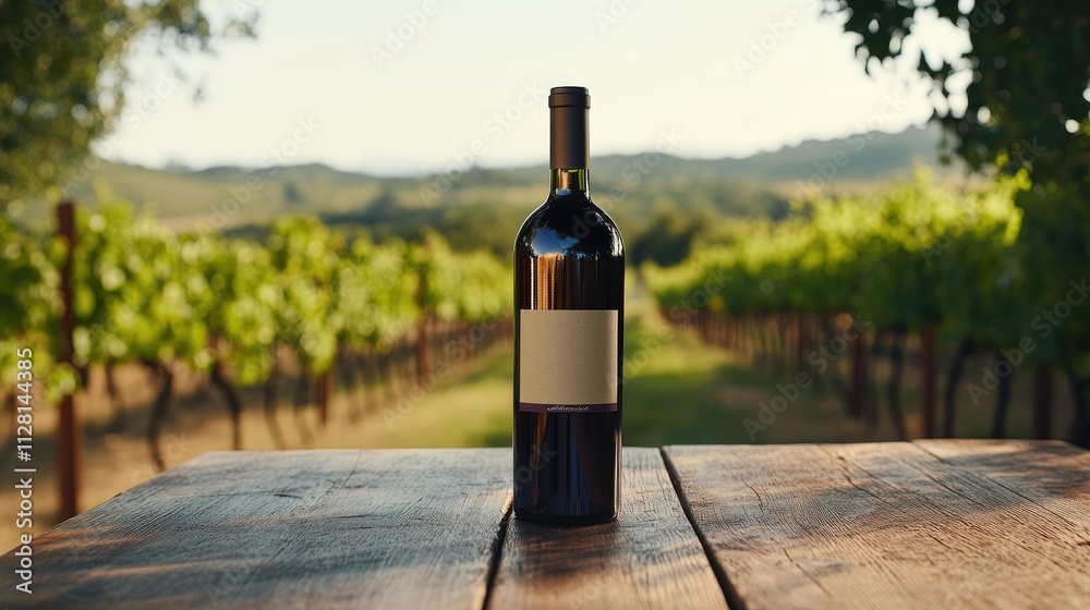 Fototapeta premium A wine bottle mockup with a customized label, placed on a wooden table in a rustic vineyard environment, creating a sophisticated and welcoming look
