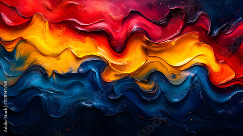 Abstract Vibrant Waves of Red, Yellow, and Blue Textured Paint