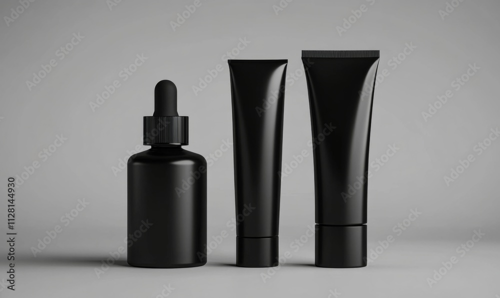 Three black cosmetic products grey background left there Lineup Three black cosmetic products grey background left there Lineup