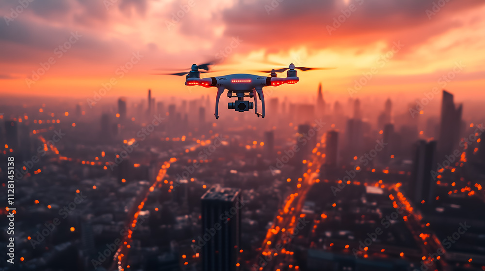 Drone Flying Over a City at Sunset with Illuminated Skyline Drone Flying Over a City at Sunset with Illuminated Skyline