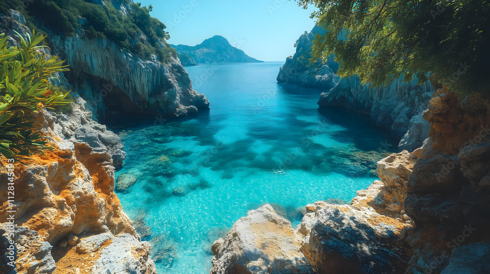 Crystal Clear Lagoon Surrounded by Rocky Cliffs and Lush Vegetation