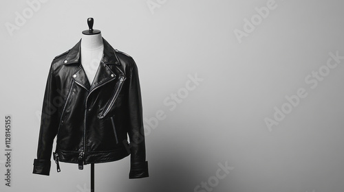 Stylish Black Leather Biker Jacket on Mannequin Against Minimalist Background for Fashion Photography and Clothing Advertising photo