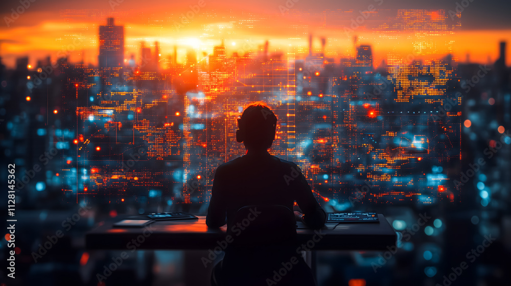 Futuristic Workspace with Digital World Map Overlay at Sunset Futuristic Workspace with Digital World Map Overlay at Sunset