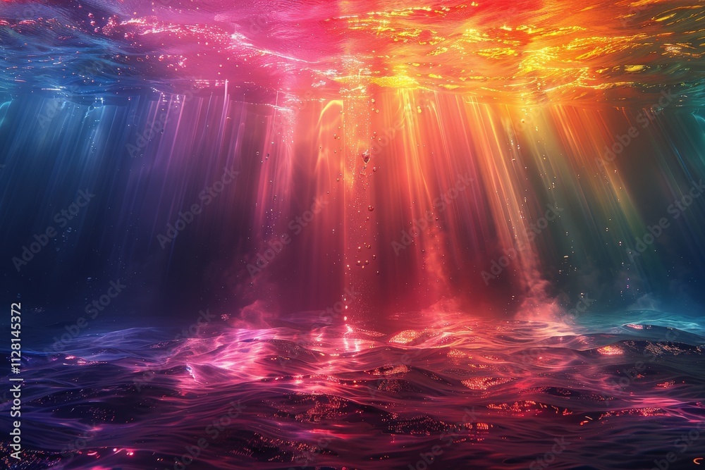 Vibrant Underwater Scene with Colorful Sunlight Rays Illuminating the Ocean Depths in a Magical and Dreamlike AtmosphereUnderwater Vibrant Underwater Scene with Colorful Sunlight Rays Illuminating the Ocean Depths in a Magical and Dreamlike AtmosphereUnderwater
