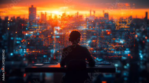 Futuristic Workspace with Digital World Map Overlay at Sunset