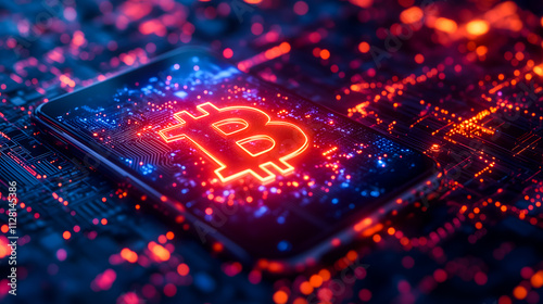Glowing Bitcoin Symbol on Futuristic Digital Circuit