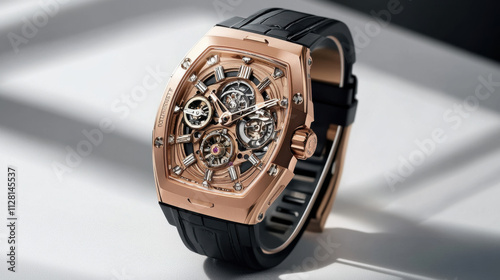 Elegant rose gold tourbillon watch with a unique design and black rubber strap, showcasing intricate craftsmanship and stunning details in a modern setting