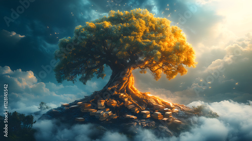 Majestic Tree of Knowledge Surrounded by Books in a Dreamlike Sky