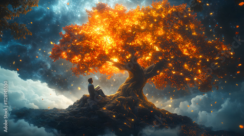 Man Reading Under a Glowing Magical Tree in a Starry Dreamscape