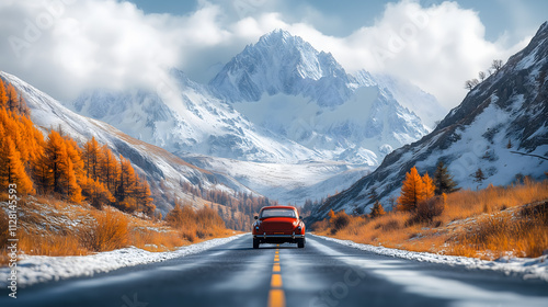 Red Car on Scenic Mountain Road with Snowy Peaks and Autumn Trees
