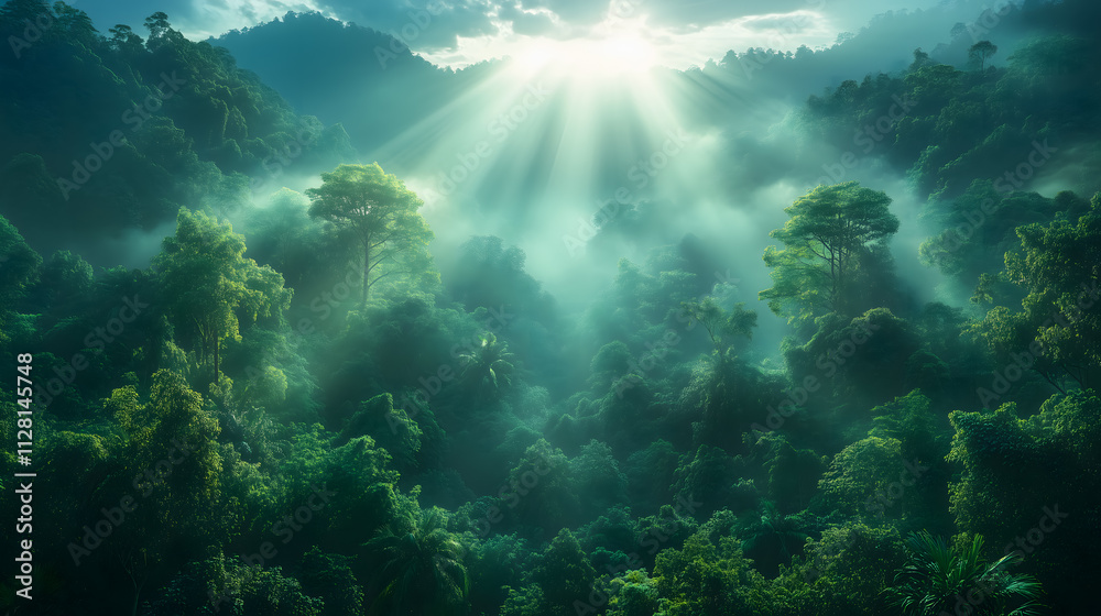 Fototapeta premium Sunlight Breaking Through Misty Tropical Rainforest Canopy
