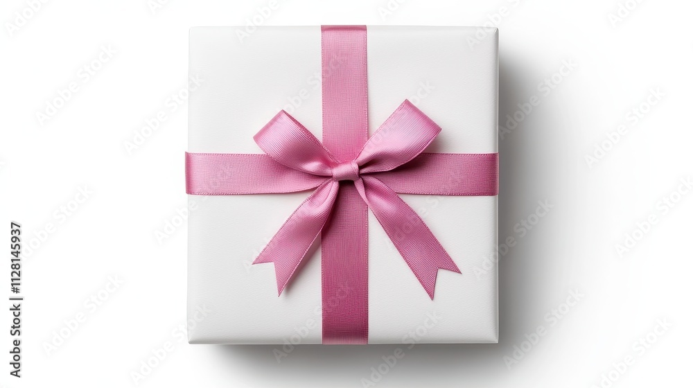 A neatly wrapped white gift box with a pink ribbon, symbolizing celebration and special occasions. A neatly wrapped white gift box with a pink ribbon, symbolizing celebration and special occasions.