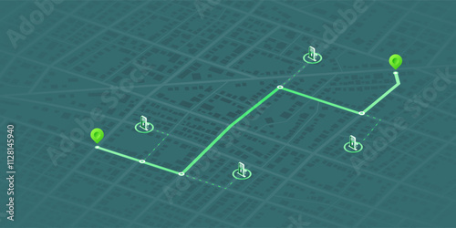 Concept a network of charging station across city. Public stations available along route. Flexible charging solutions for vehicles. Select the most convenient route. Isometric vector illustration