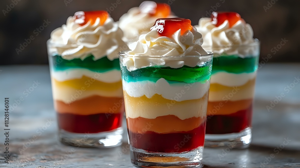 A layered tricolor Italian dessert in a glass, featuring whipped cream, vibrant jelly, and sweet layers, perfect for indulgent moments A layered tricolor Italian dessert in a glass, featuring whipped cream, vibrant jelly, and sweet layers, perfect for indulgent moments
