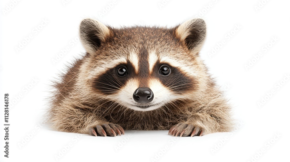 Obraz premium A cute raccoon with distinctive facial markings gazes directly at the viewer, showcasing its playful and curious nature, isolated on a white background.