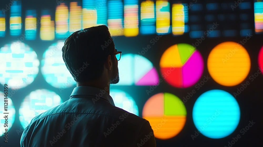 A man is looking at a computer screen with many different colored circles