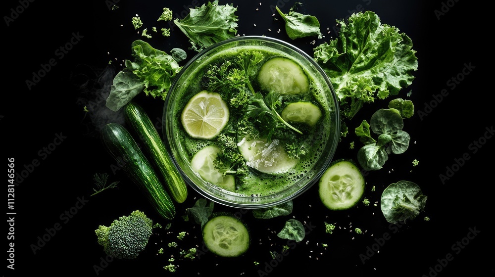 Vibrant green smoothie made from fresh vegetables, placed in a clear glass, perfect for wellness and healthy living designs