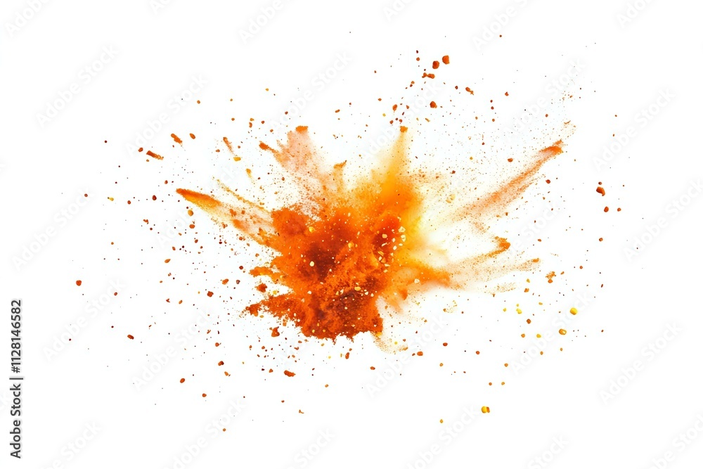 Isolated pepper splashes on a white background, a vibrant explosion of chili and paprika powder, dynamic flying spice effect for design elements