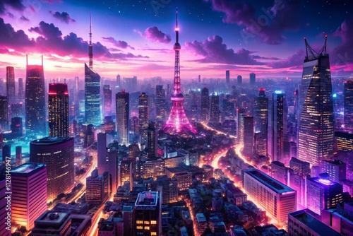 Wallpaper Mural A captivating anime and manga-inspired illustration of Tokyo city at night, showcasing vivid magenta and purple hues with a neon aesthetic, highlighting urban beauty and bustling city views Torontodigital.ca