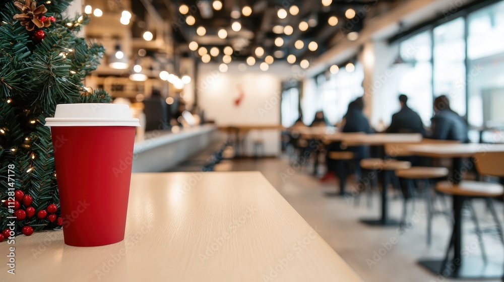 A cozy café scene featuring a red coffee cup on a table, decorated with festive elements and warm lighting, creating a festive atmosphere.