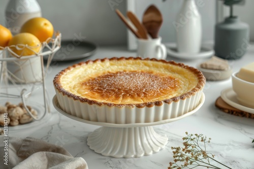 Delicious baked custard tart on a marble kitchen table with fresh lemons and kitchen utensils in the background